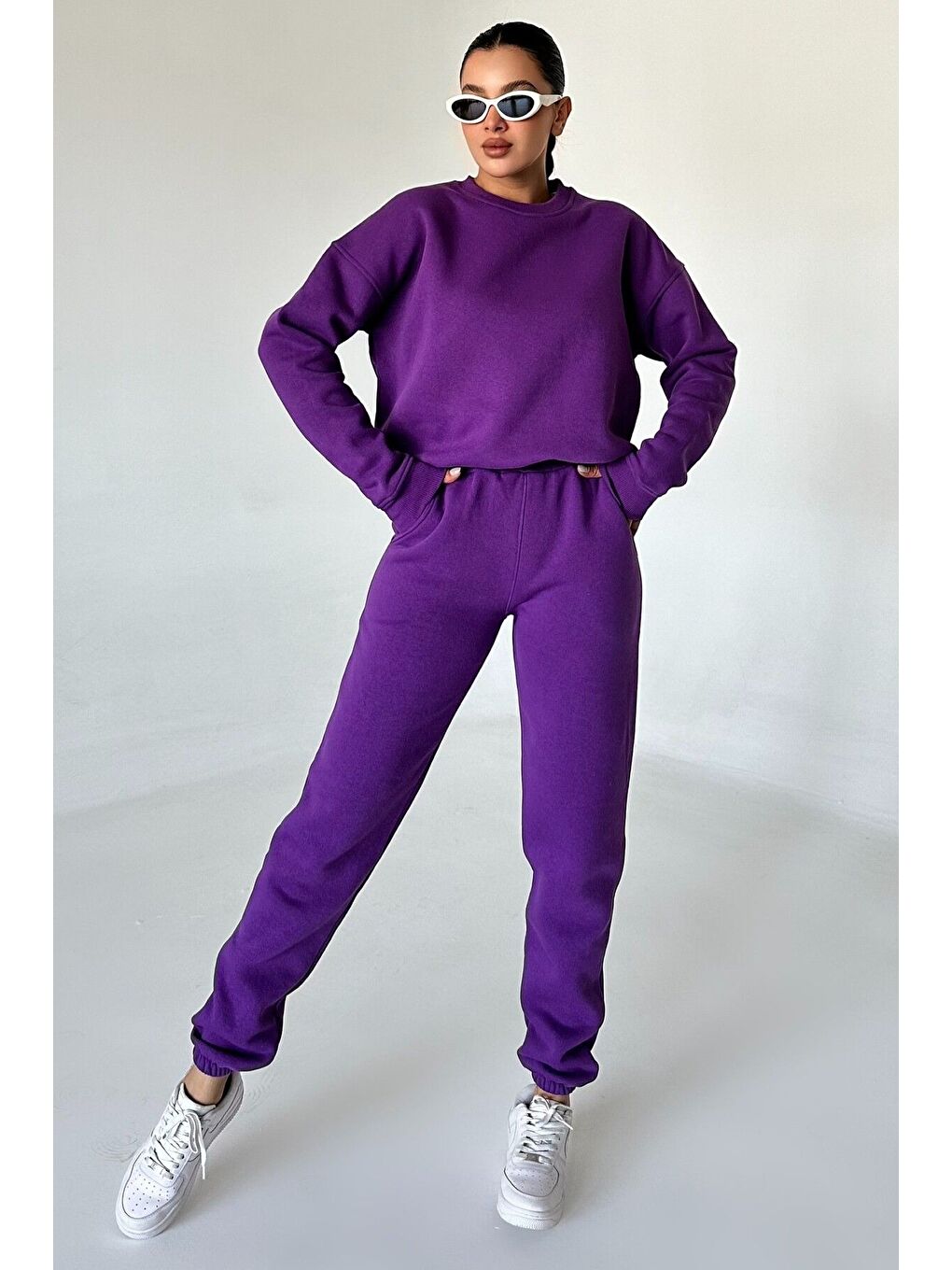 Kadın Erkek Mor Bisiklet Yaka Düz Oversize Alt-Üst Eşofman Takımı