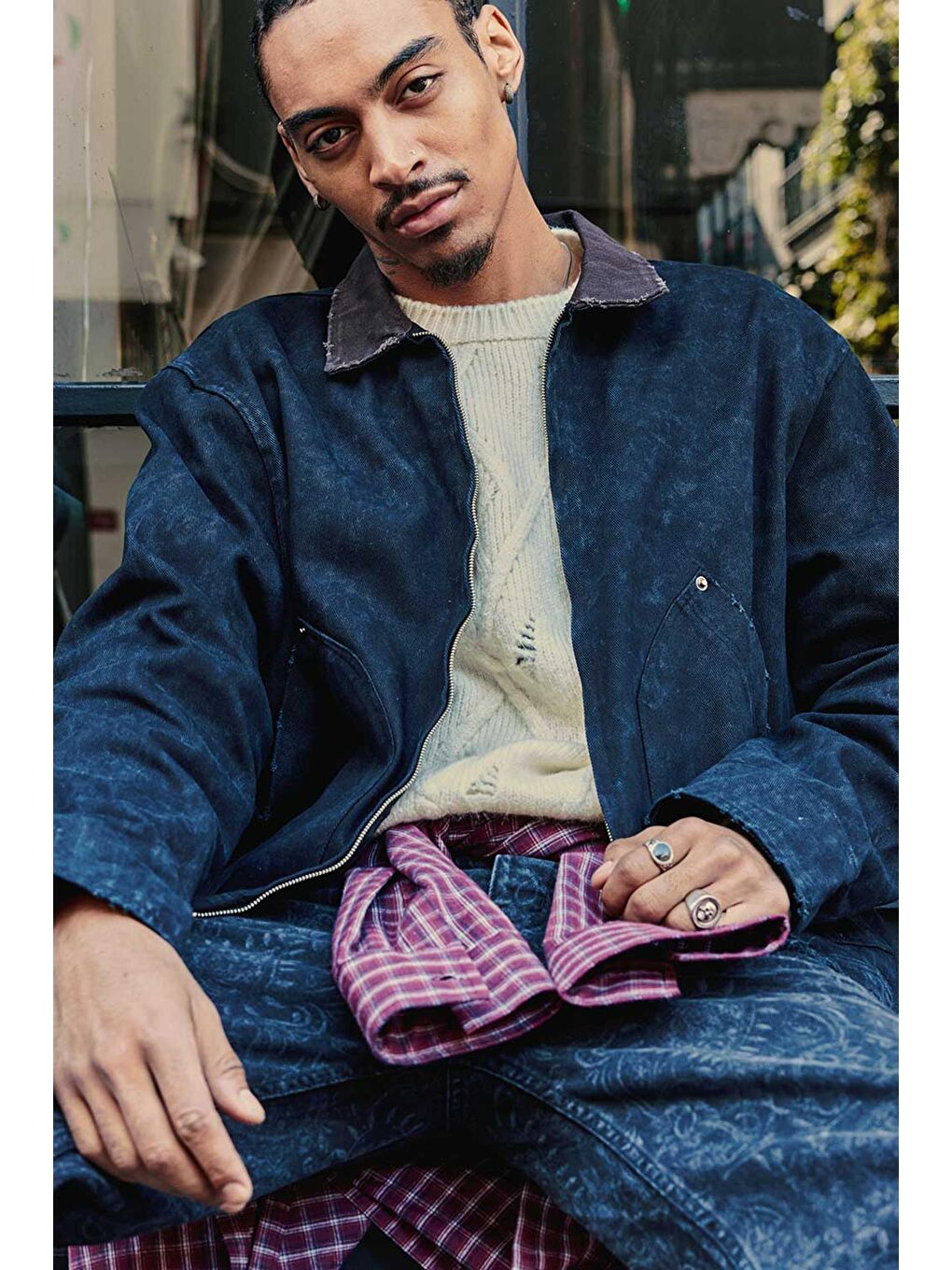 Erkek Kontrast Yaka Yıkamalı Relax Fit Ceket Siyah-4