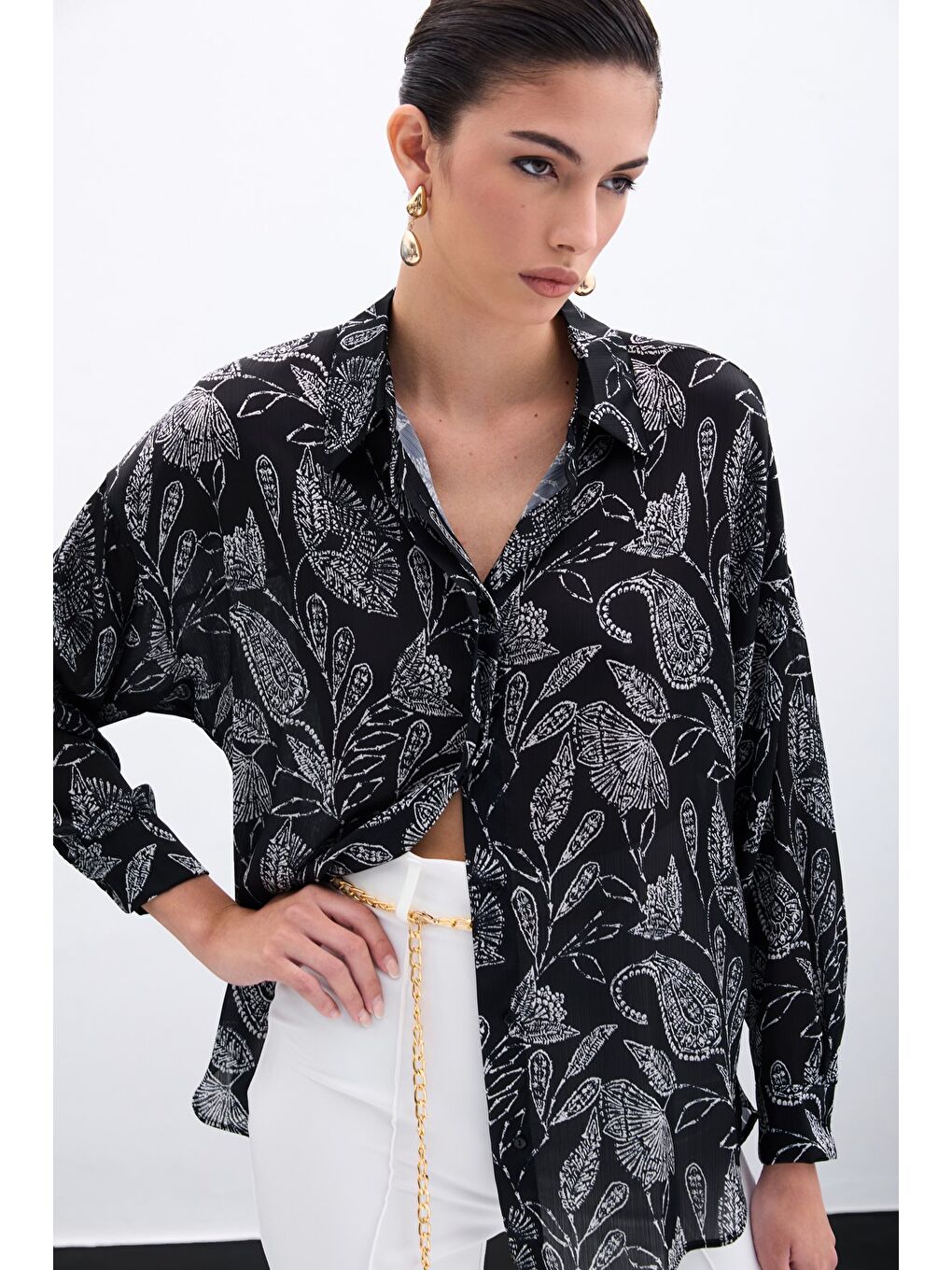 Desenli Saten Gömlek - Siyah-1