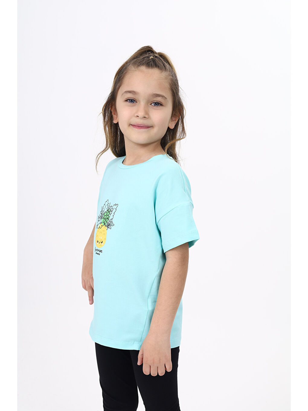 Turkuaz Kız Çocuk Baskılı Tişört-1