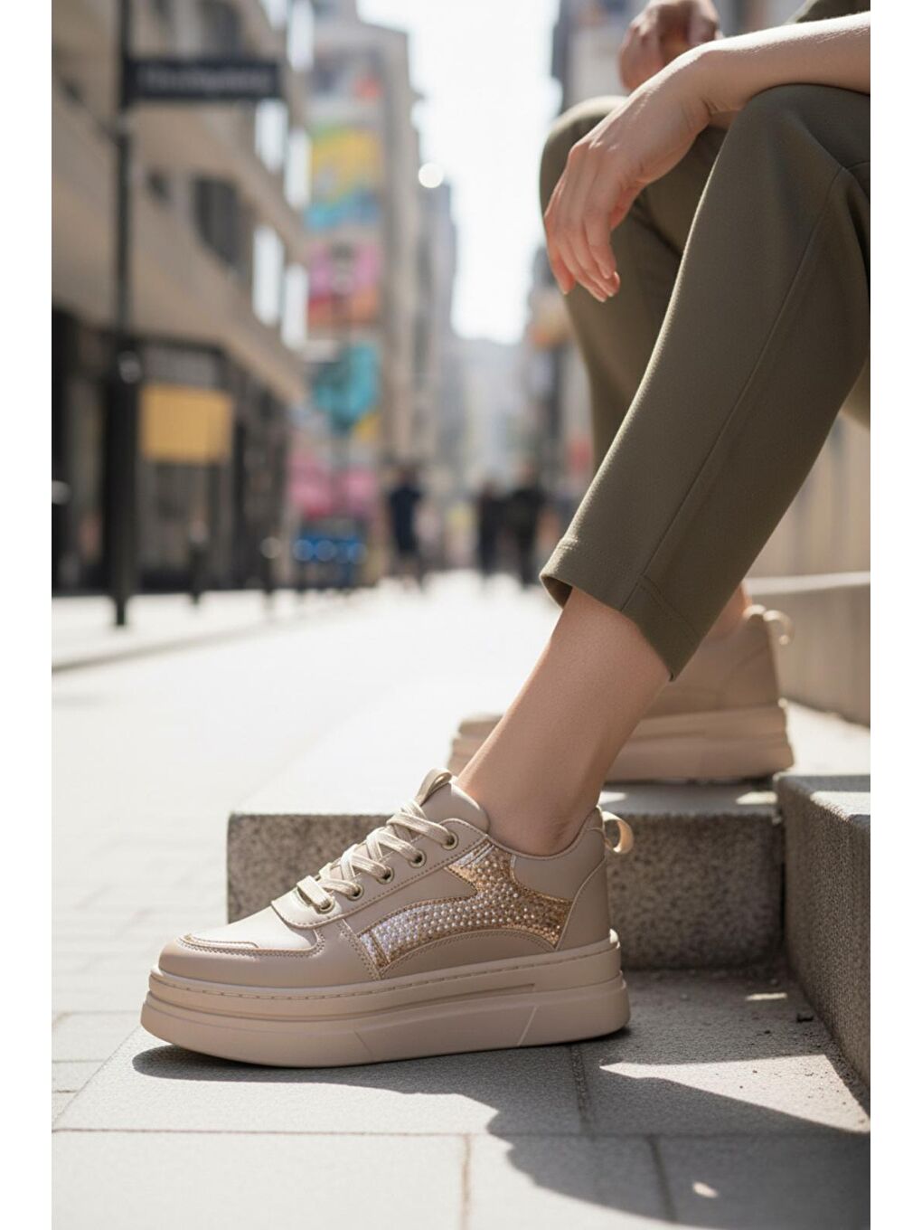 Garantili Armando Bej Günlük Ortopedik Kadın Sneaker Spor Ayakkabı-1