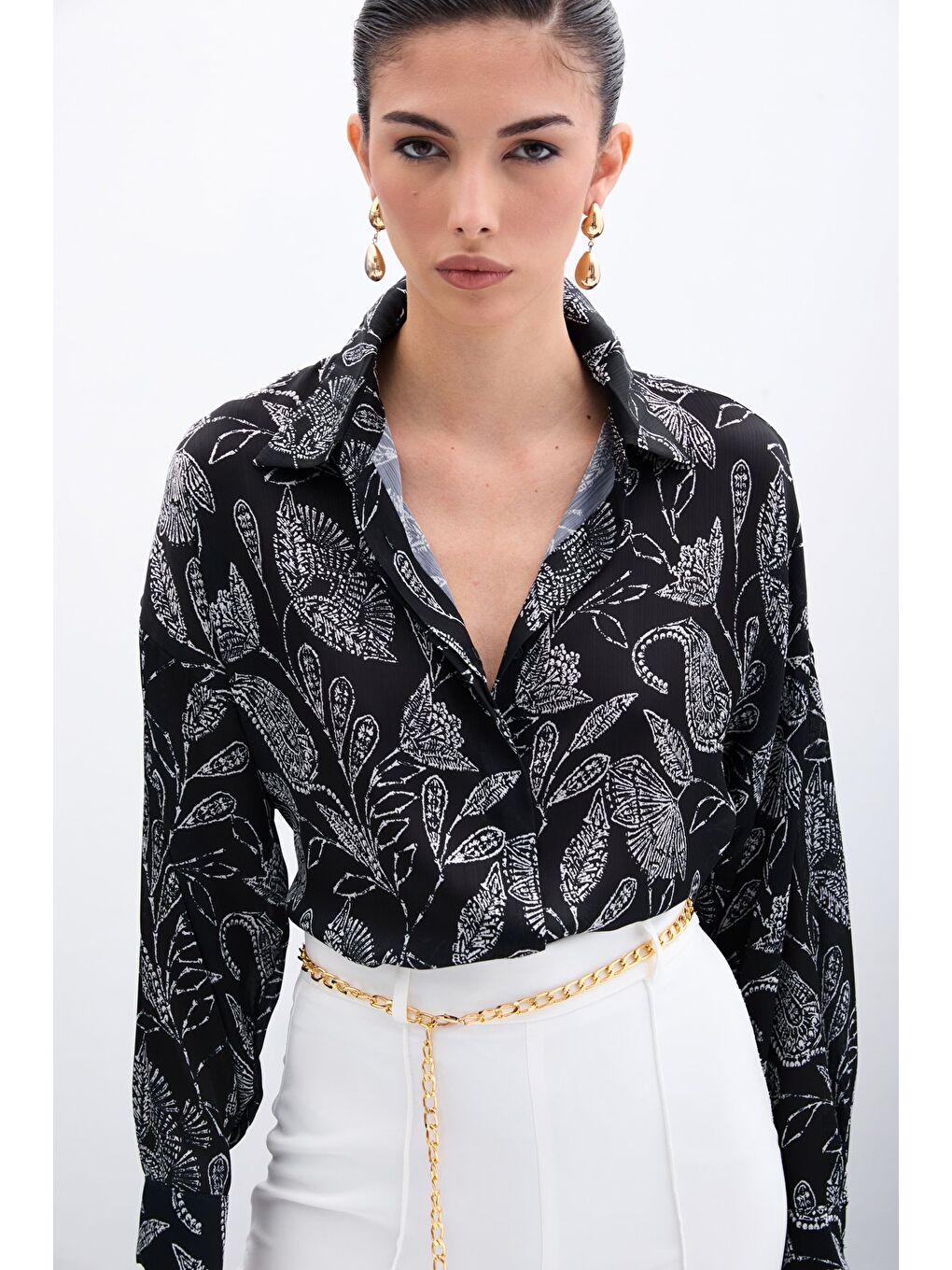 Desenli Saten Gömlek - Siyah-2