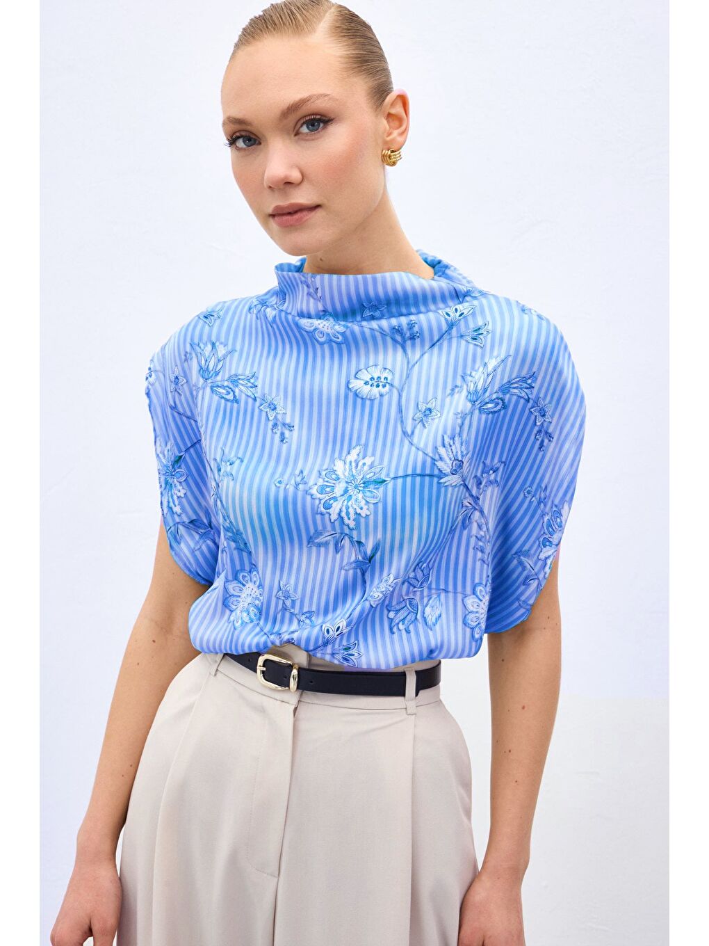 Kısa Kollu Desenli Bluz - Mavi-1