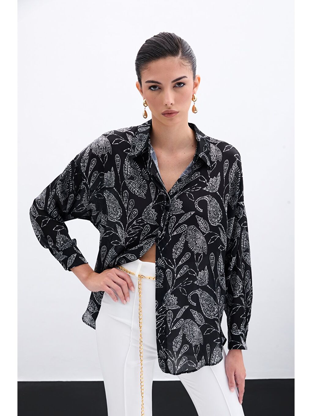Desenli Saten Gömlek - Siyah-3