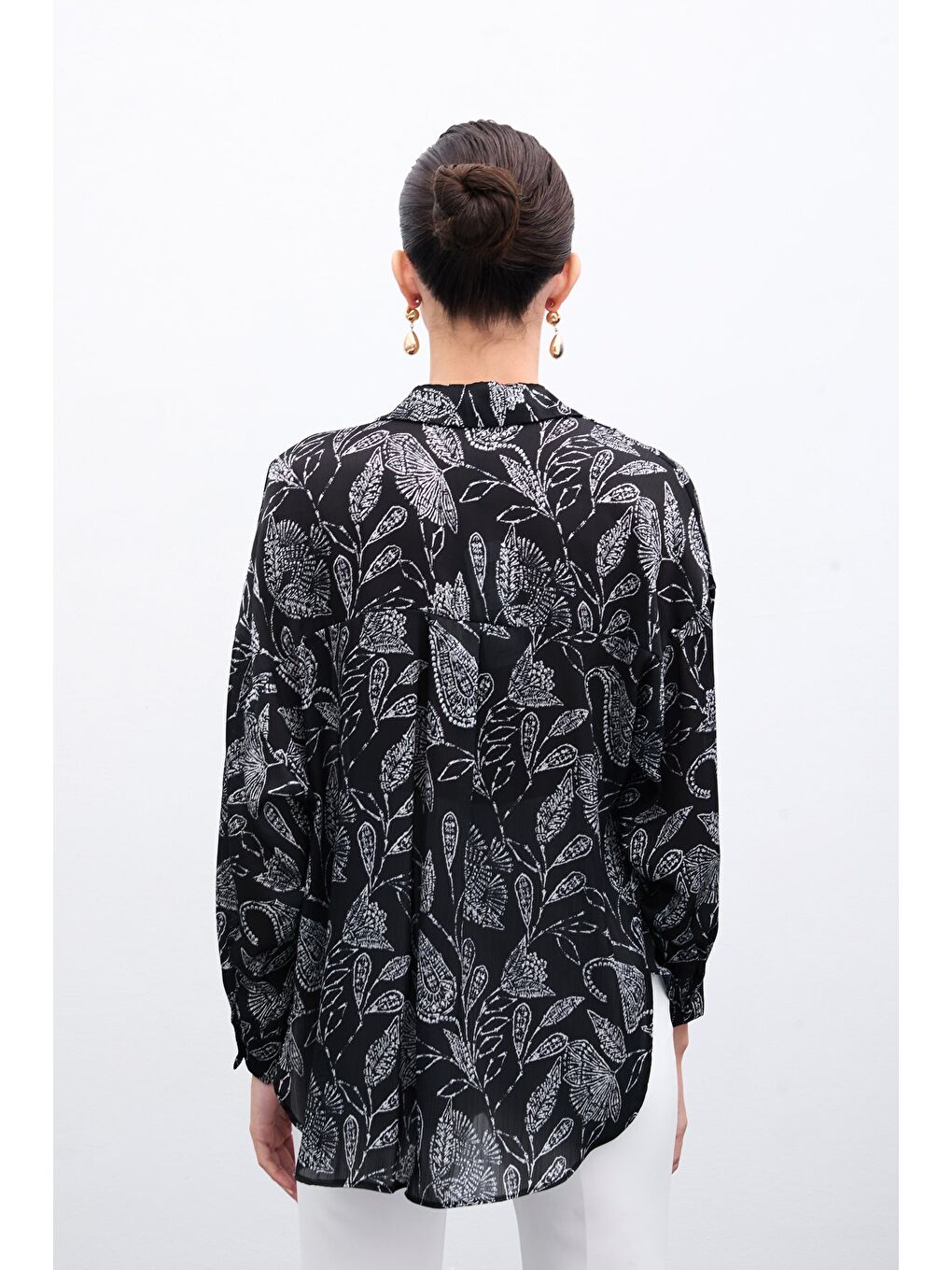 Desenli Saten Gömlek - Siyah-4