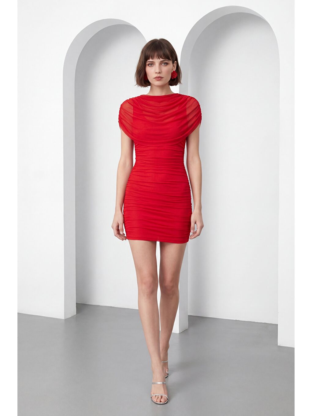 Kadın Kırmızı Büzgülü Mini Tül Elbise-1