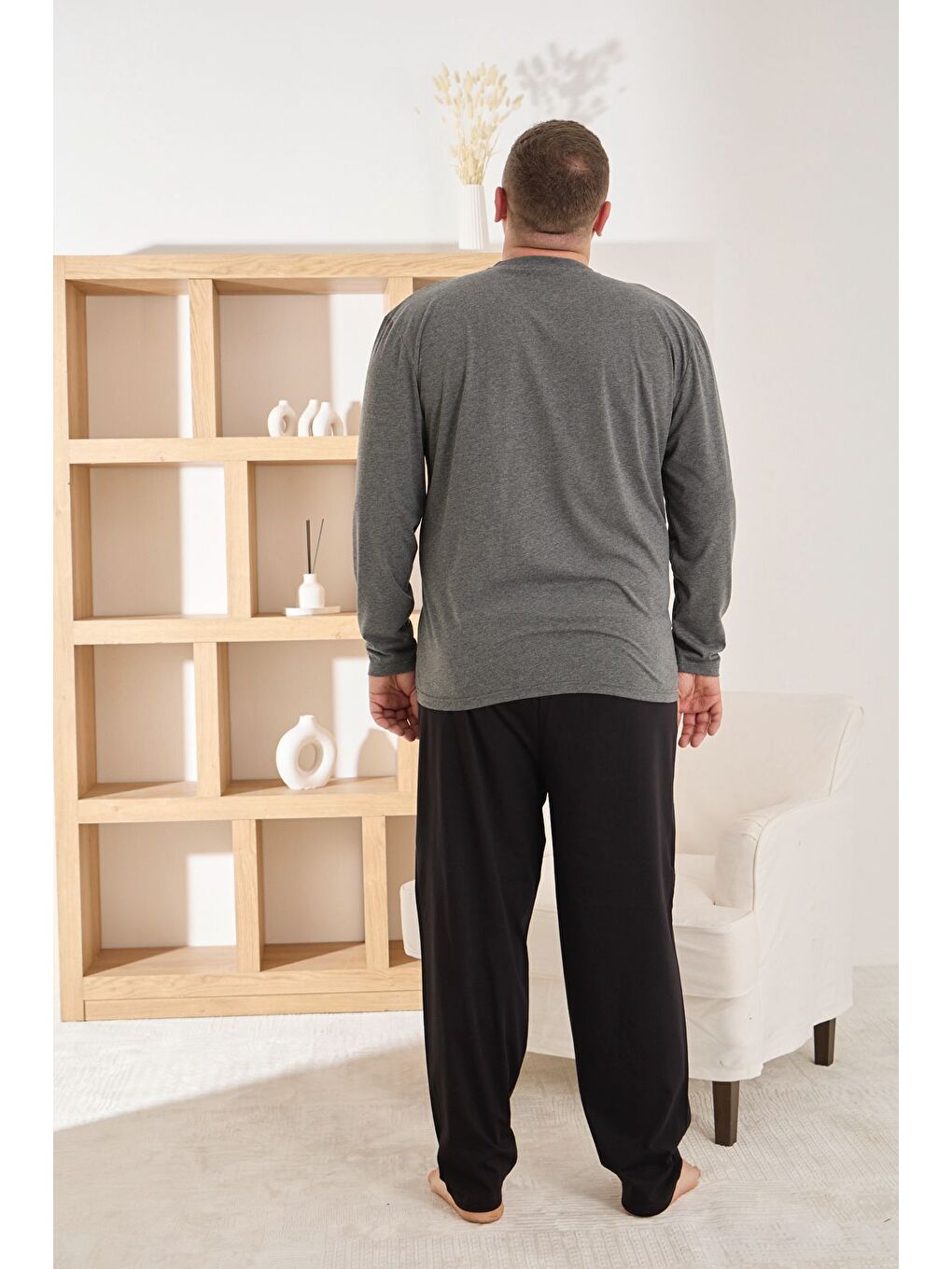 Antrasit Erkek %100 Pamuk Uzun Kollu Baskılı Battal Kaliteli Rahat Pijama Takımı-2