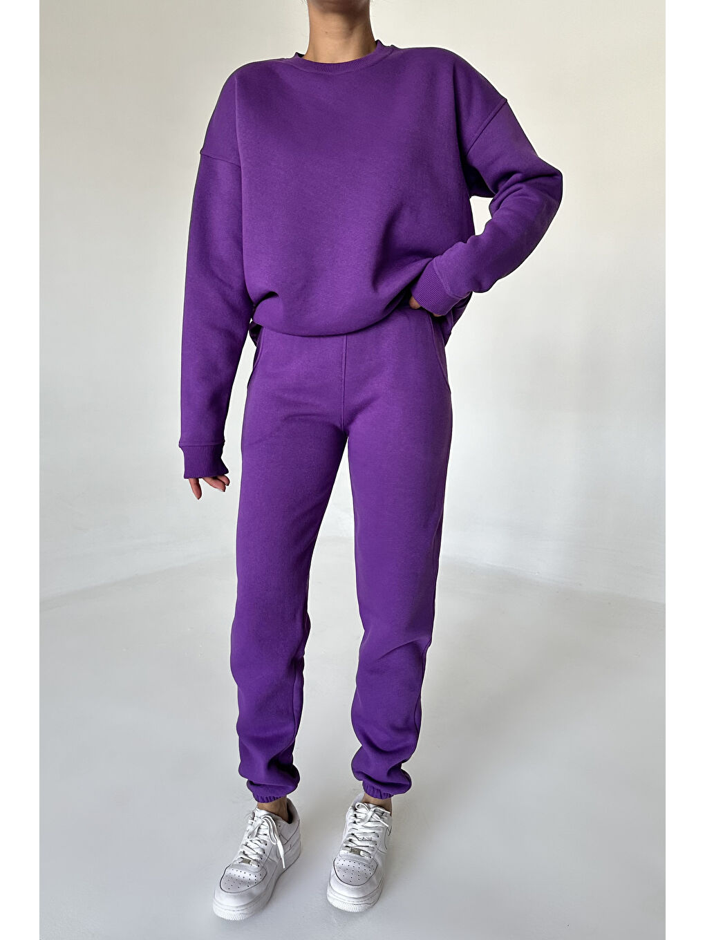 Kadın Erkek Mor Bisiklet Yaka Düz Oversize Alt-Üst Eşofman Takımı-1