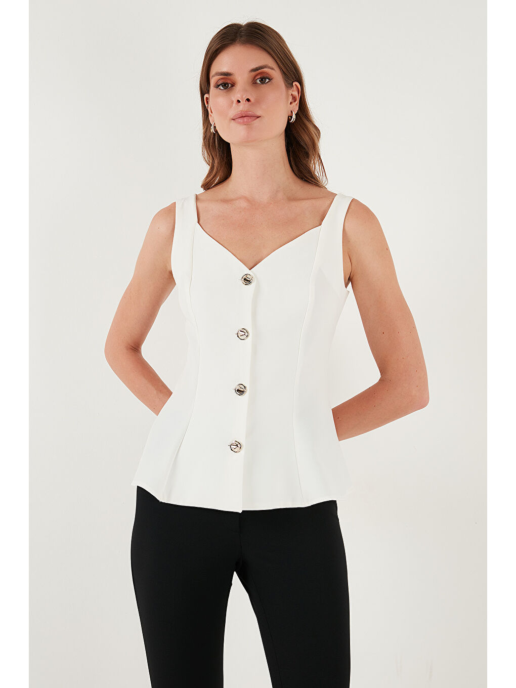 Ekru Fitted Fit V Yaka Düğmeli Yelek 611FYL145-1