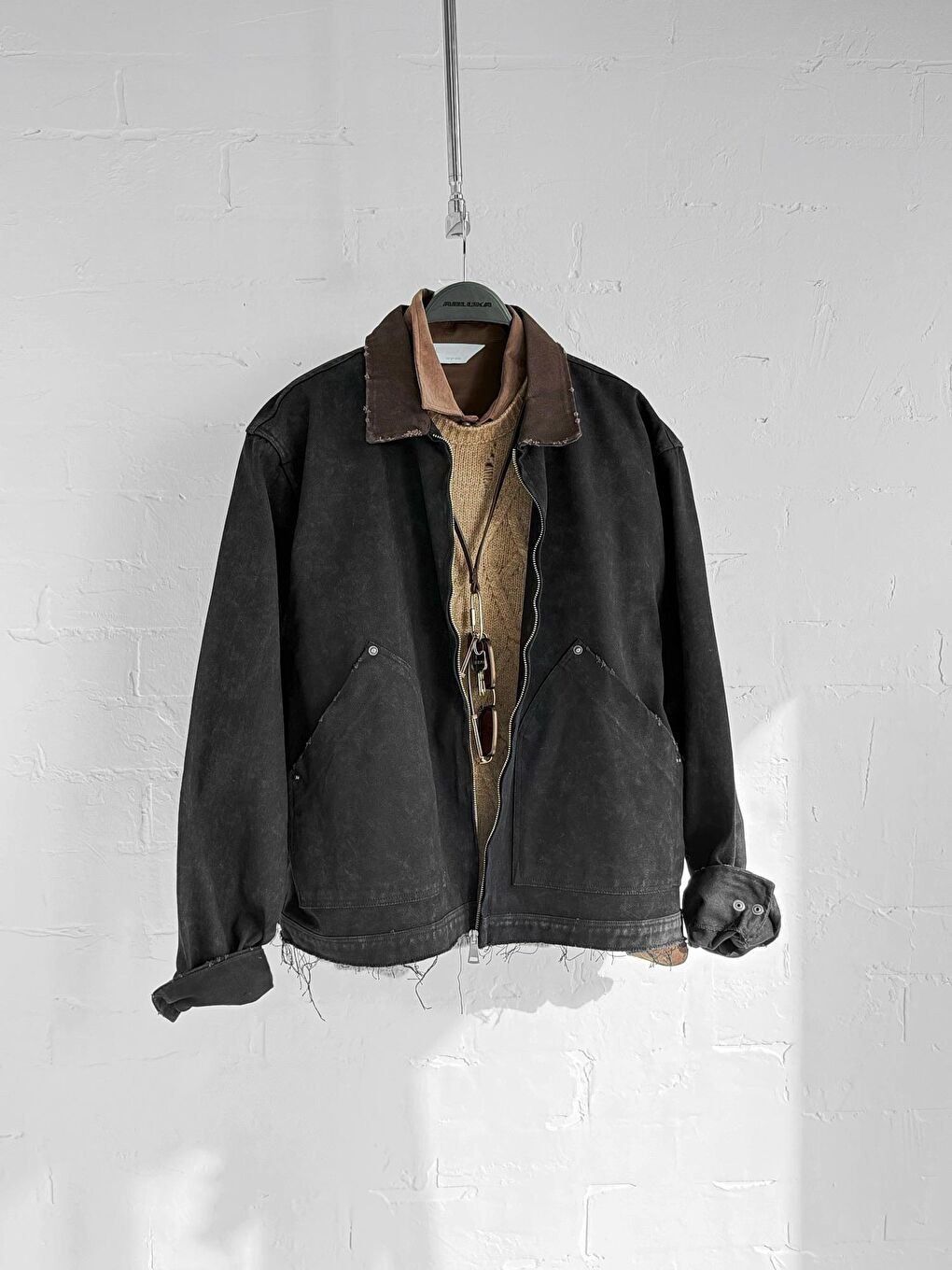 Erkek Kontrast Yaka Yıkamalı Relax Fit Ceket Siyah-6