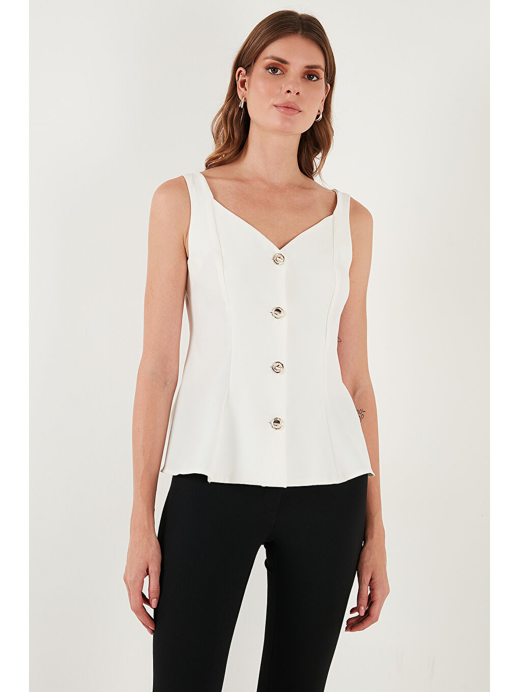 Ekru Fitted Fit V Yaka Düğmeli Yelek 611FYL145-3