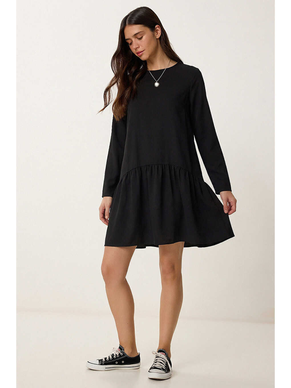 Siyah Volanlı Mini Poplin Elbise SİYAH LEX0015-1