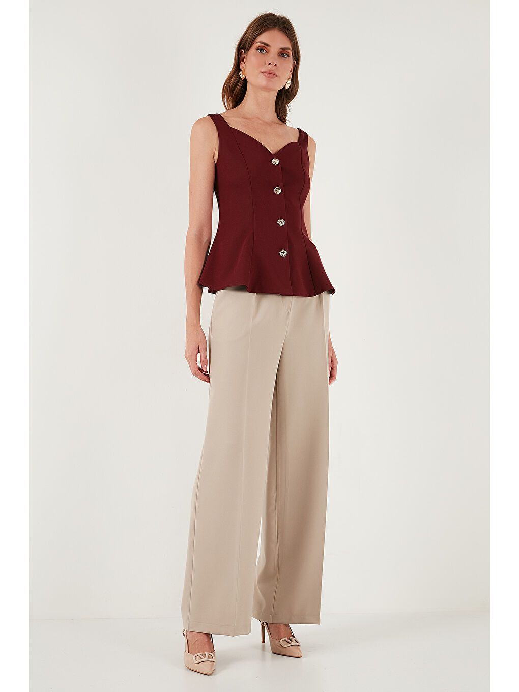 Bordo Fitted Fit V Yaka Düğmeli Yelek 611FYL145-1