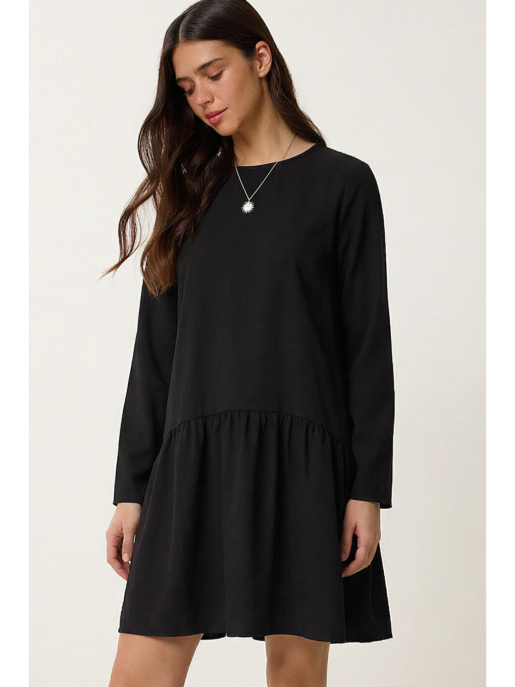 Siyah Volanlı Mini Poplin Elbise SİYAH LEX0015-2