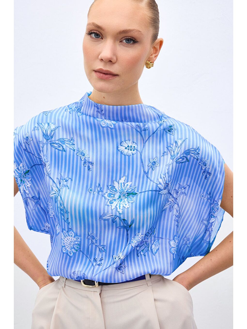 Kısa Kollu Desenli Bluz - Mavi-3