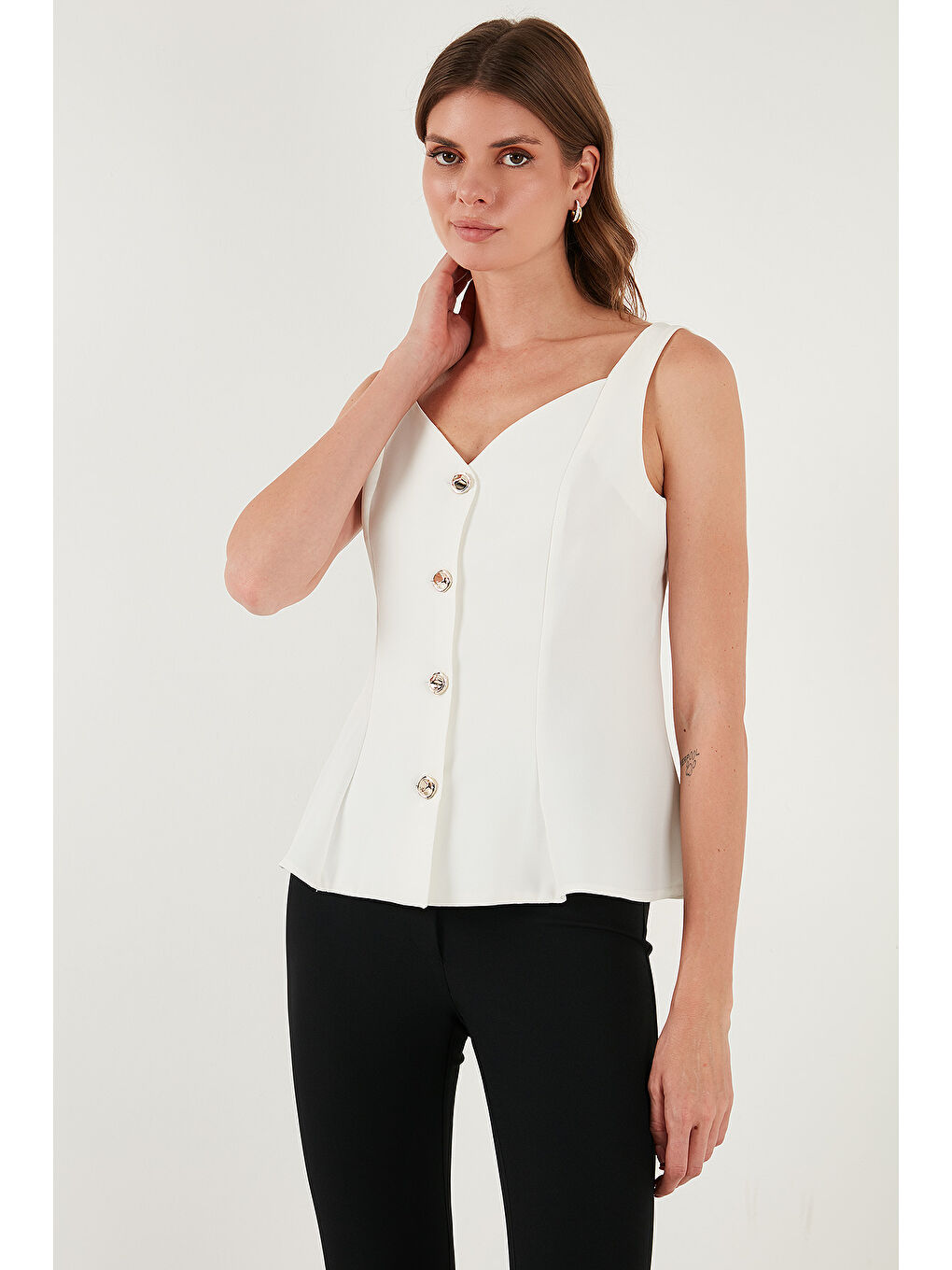 Ekru Fitted Fit V Yaka Düğmeli Yelek 611FYL145-4