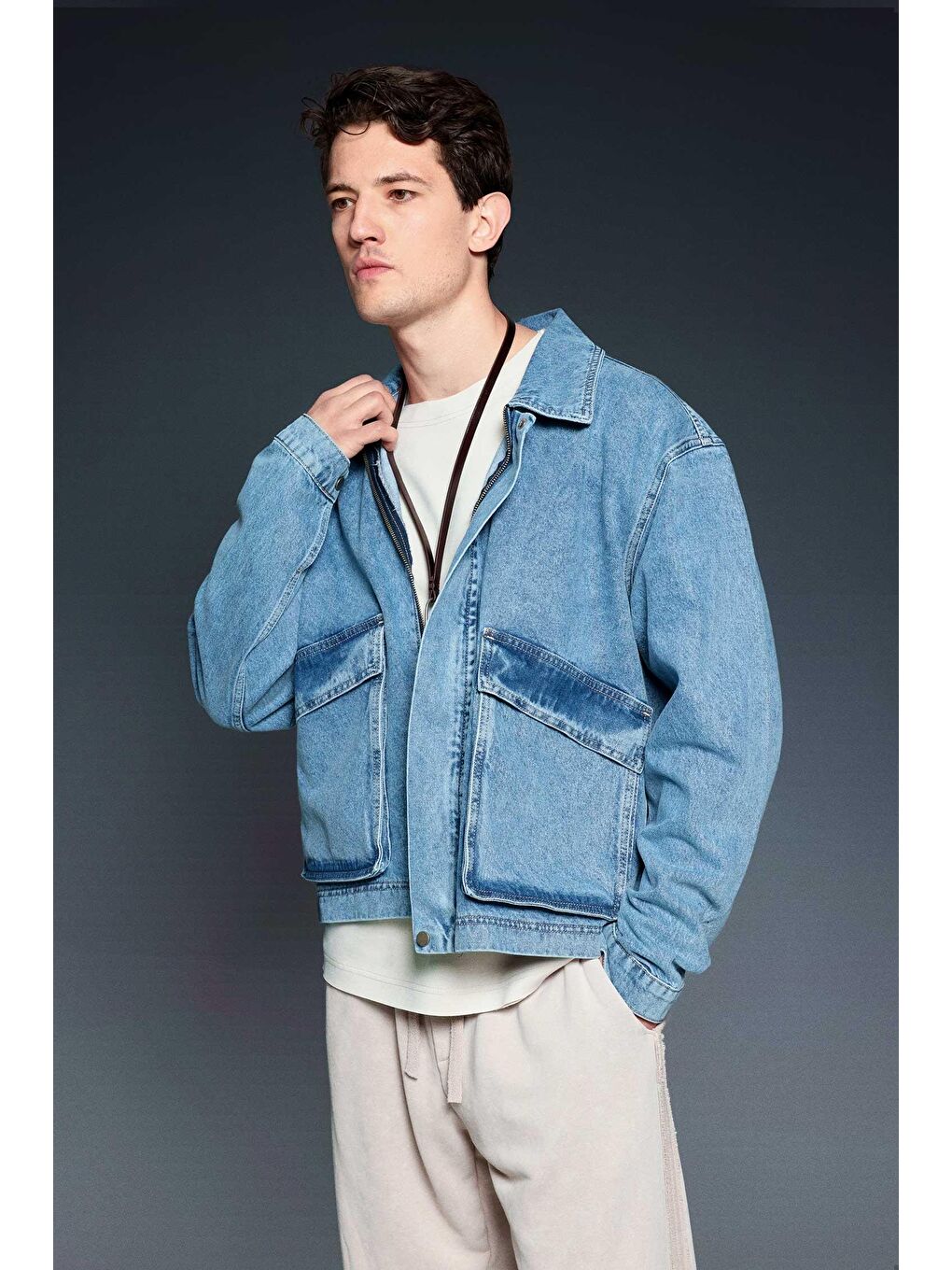 Erkek Oversize Cepli Denim Ceket Mavi