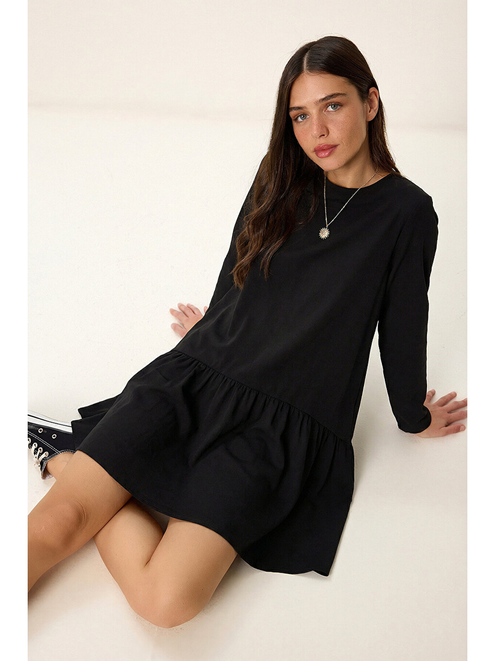 Siyah Volanlı Mini Poplin Elbise SİYAH LEX0015-3