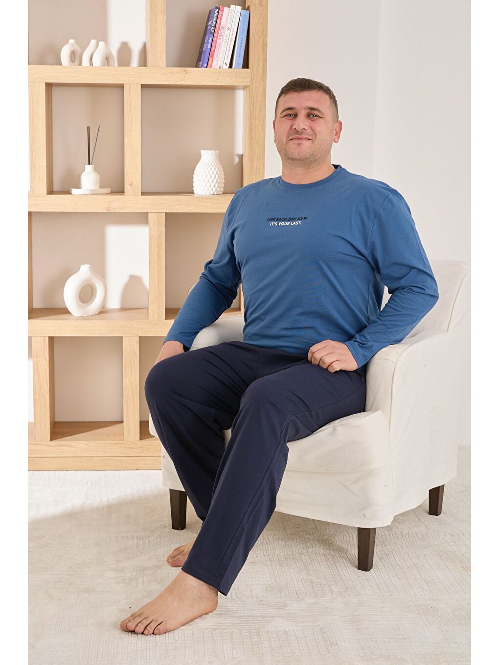 Mavi Erkek %100 Pamuk Uzun Kollu Baskılı Battal Kaliteli Rahat Pijama Takımı-1