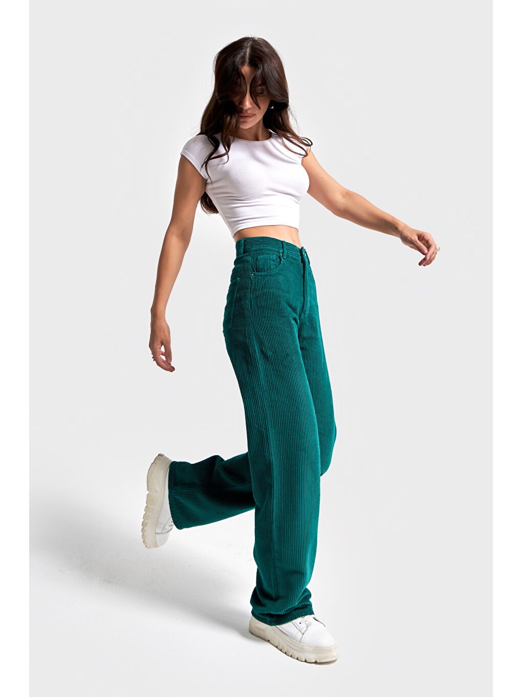 Kadın Petrol Yeşili Doris 29w5-118 Straight Fit Yüksek Bel Kalın Fitilli Velvet Kadife Kumaş Pantolo-1