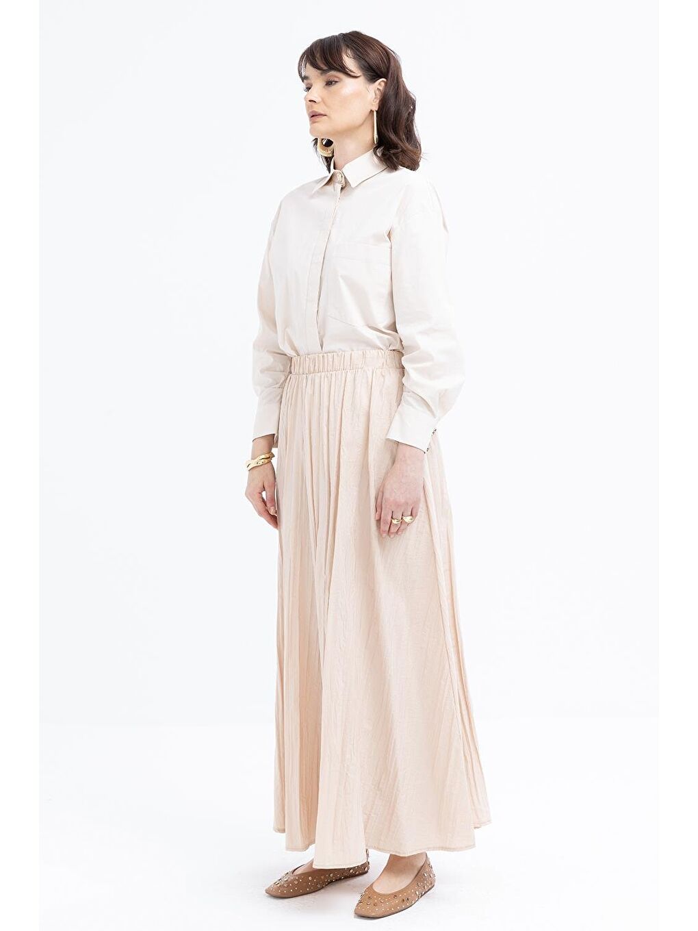 Bej-Kraşlı Beli Lastikli Kloş Etek-1