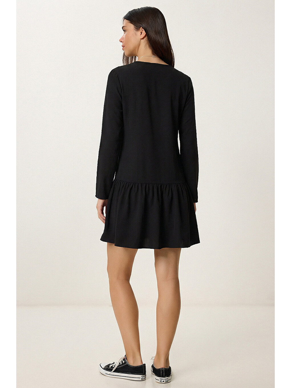 Siyah Volanlı Mini Poplin Elbise SİYAH LEX0015-4