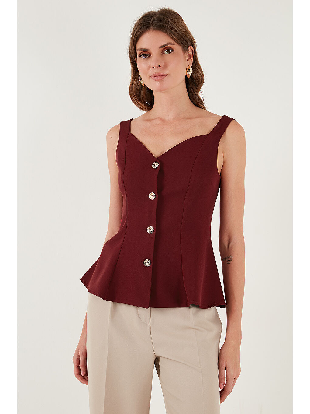 Bordo Fitted Fit V Yaka Düğmeli Yelek 611FYL145-2