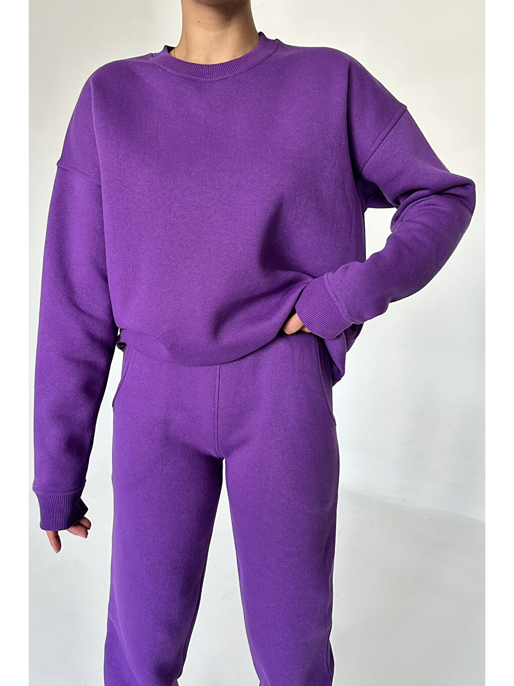 Kadın Erkek Mor Bisiklet Yaka Düz Oversize Alt-Üst Eşofman Takımı-2