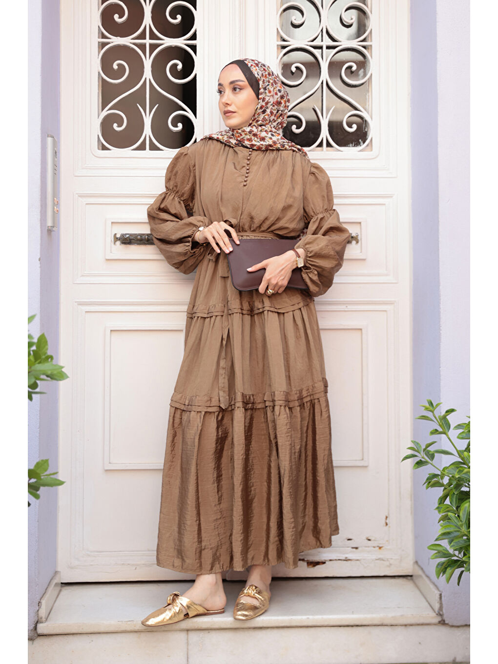 Kadın Kolu Lastik Detaylı Elbise Kahverengi-2