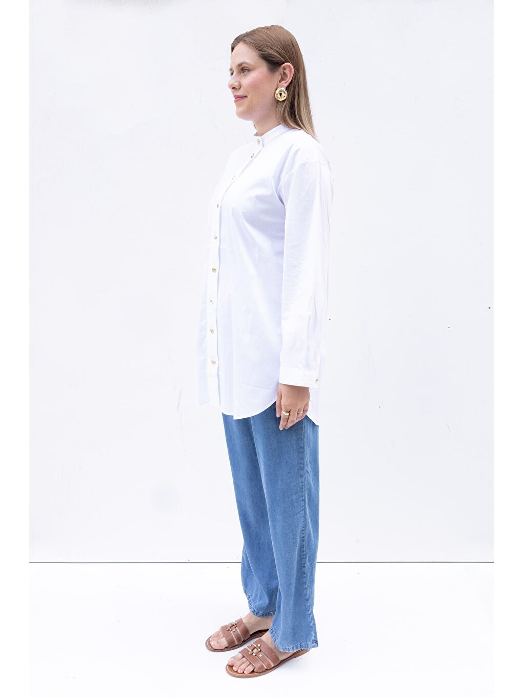 Beyaz-Gold Dügmeli Pamuklu Poplin Gömlek-1