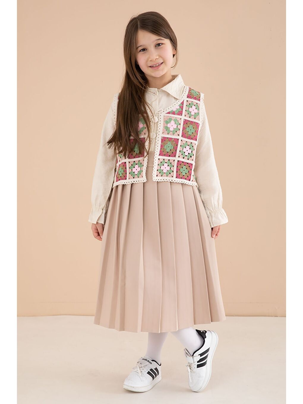 Kahverengi Çiçek Desen Örgü Süveterli Gömlekli Kız Çocuk Etekli 3lü Takım 23583