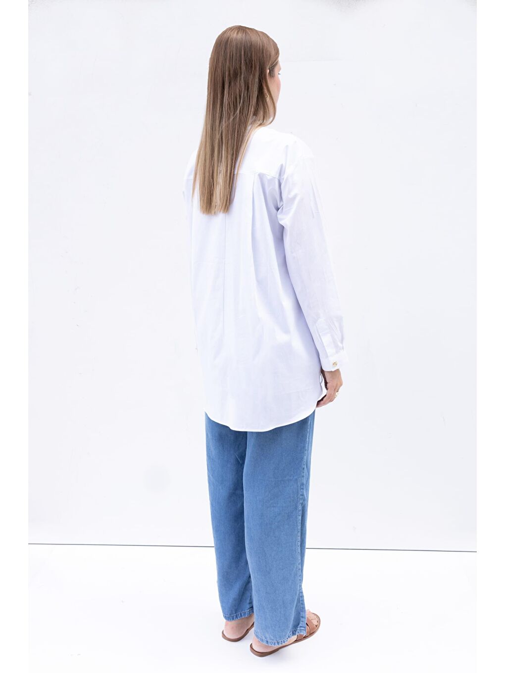 Beyaz-Gold Dügmeli Pamuklu Poplin Gömlek-2