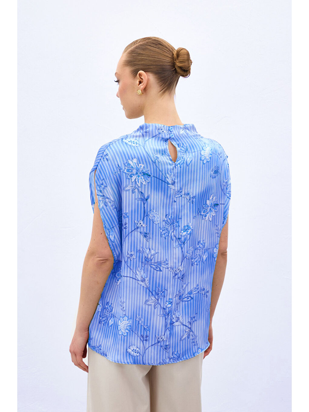 Kısa Kollu Desenli Bluz - Mavi-4
