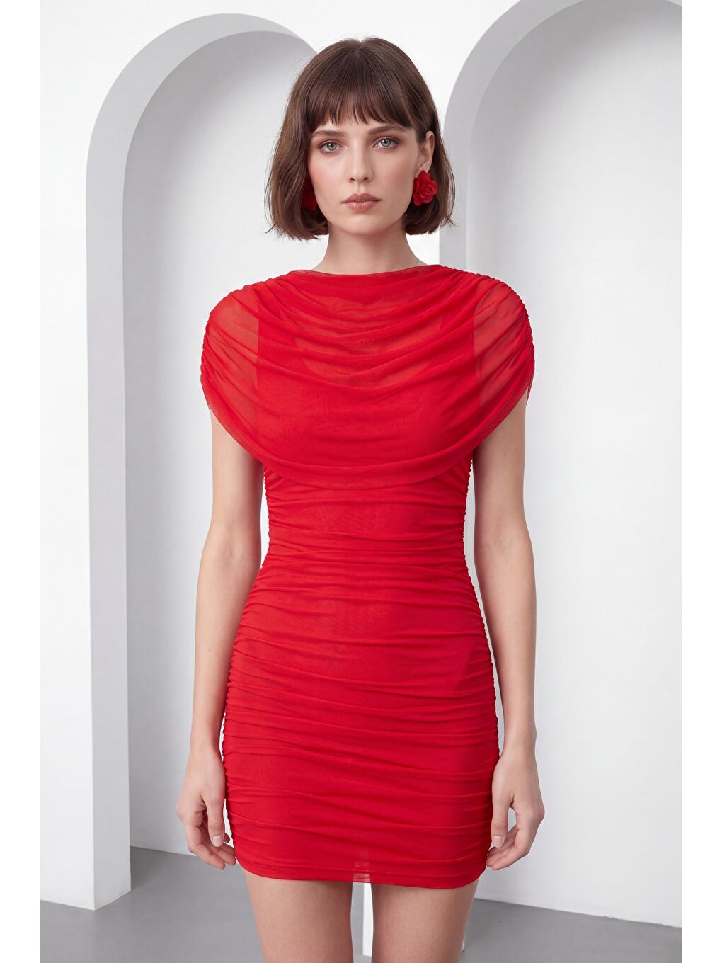 Kadın Kırmızı Büzgülü Mini Tül Elbise-2