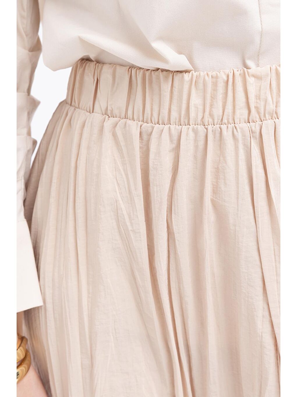 Bej-Kraşlı Beli Lastikli Kloş Etek-3