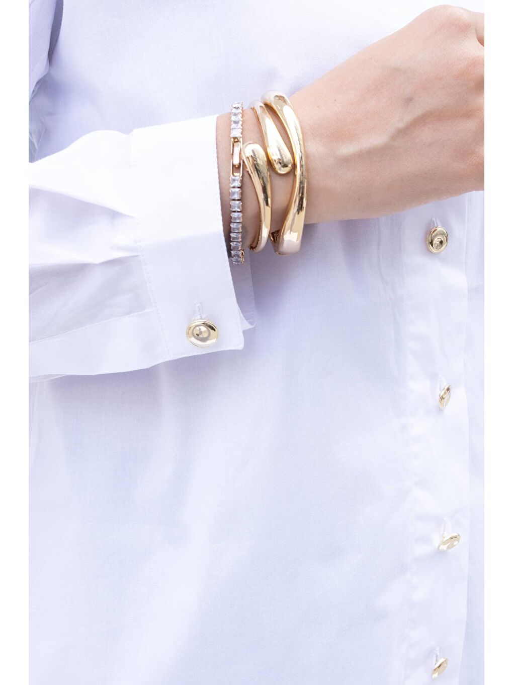 Beyaz-Gold Dügmeli Pamuklu Poplin Gömlek-3