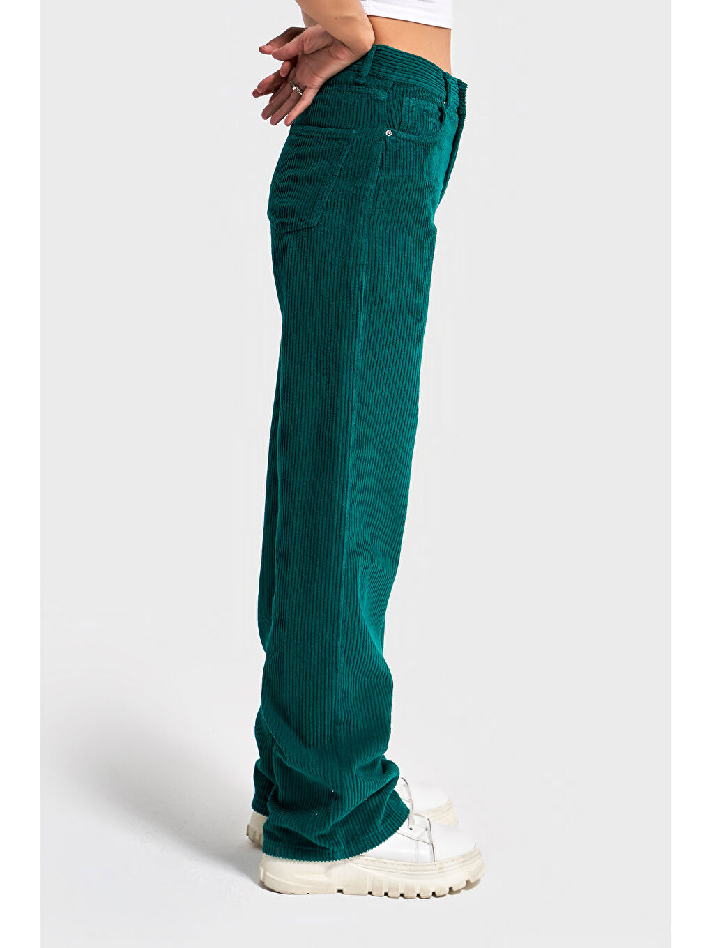 Kadın Petrol Yeşili Doris 29w5-118 Straight Fit Yüksek Bel Kalın Fitilli Velvet Kadife Kumaş Pantolo-3