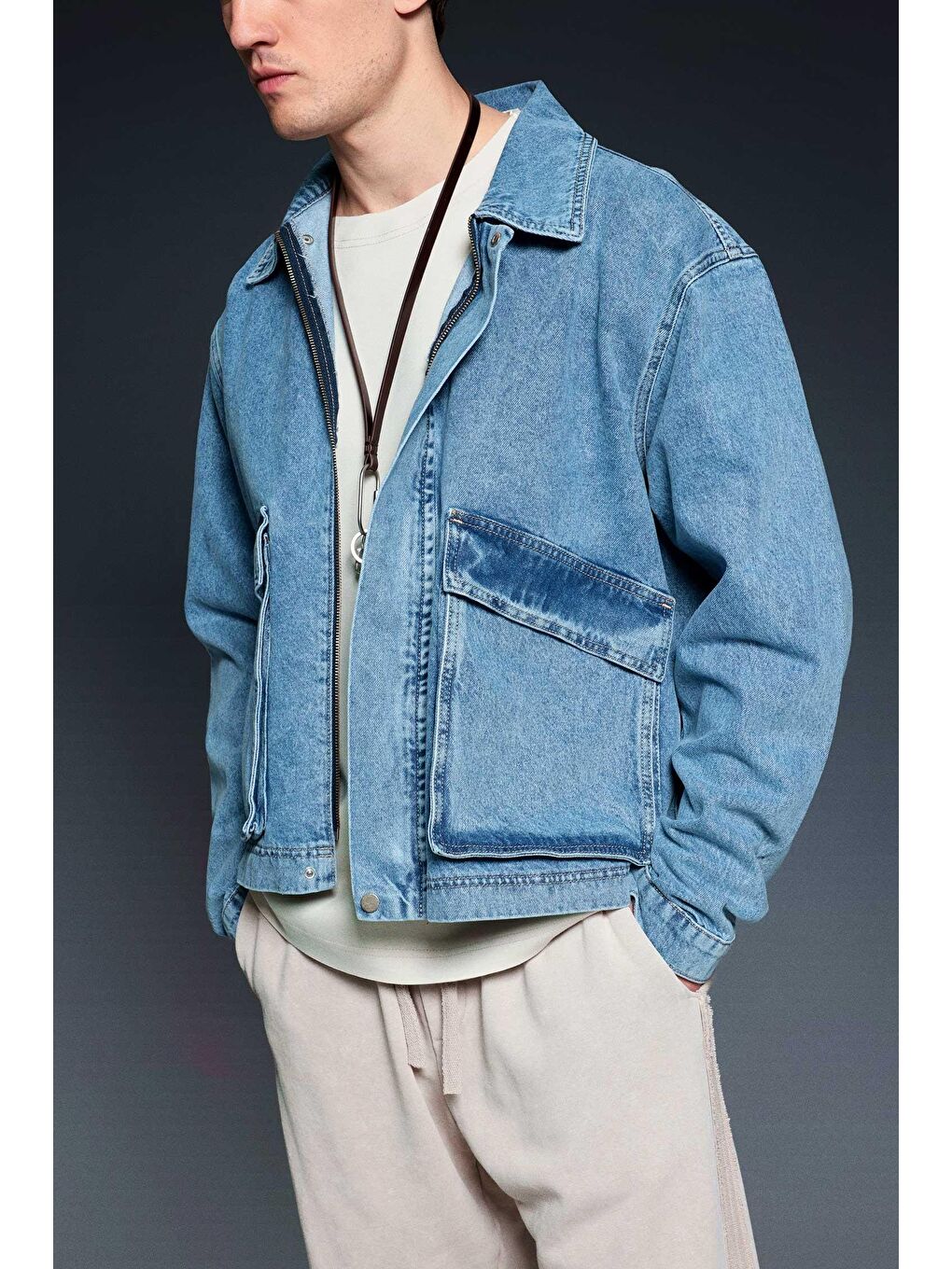 Erkek Oversize Cepli Denim Ceket Mavi-1