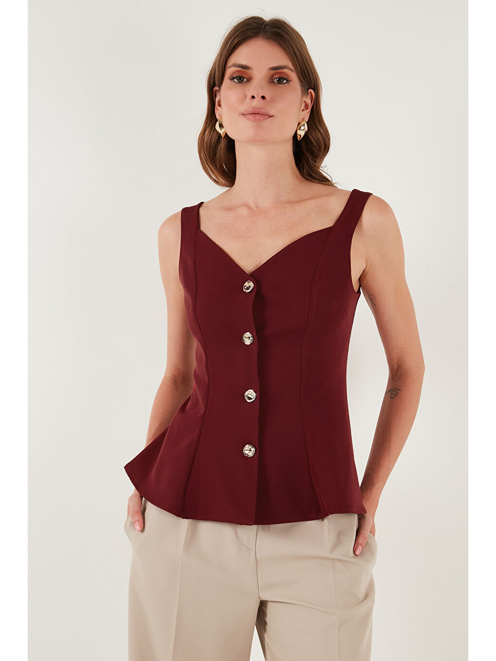 Bordo Fitted Fit V Yaka Düğmeli Yelek 611FYL145-3