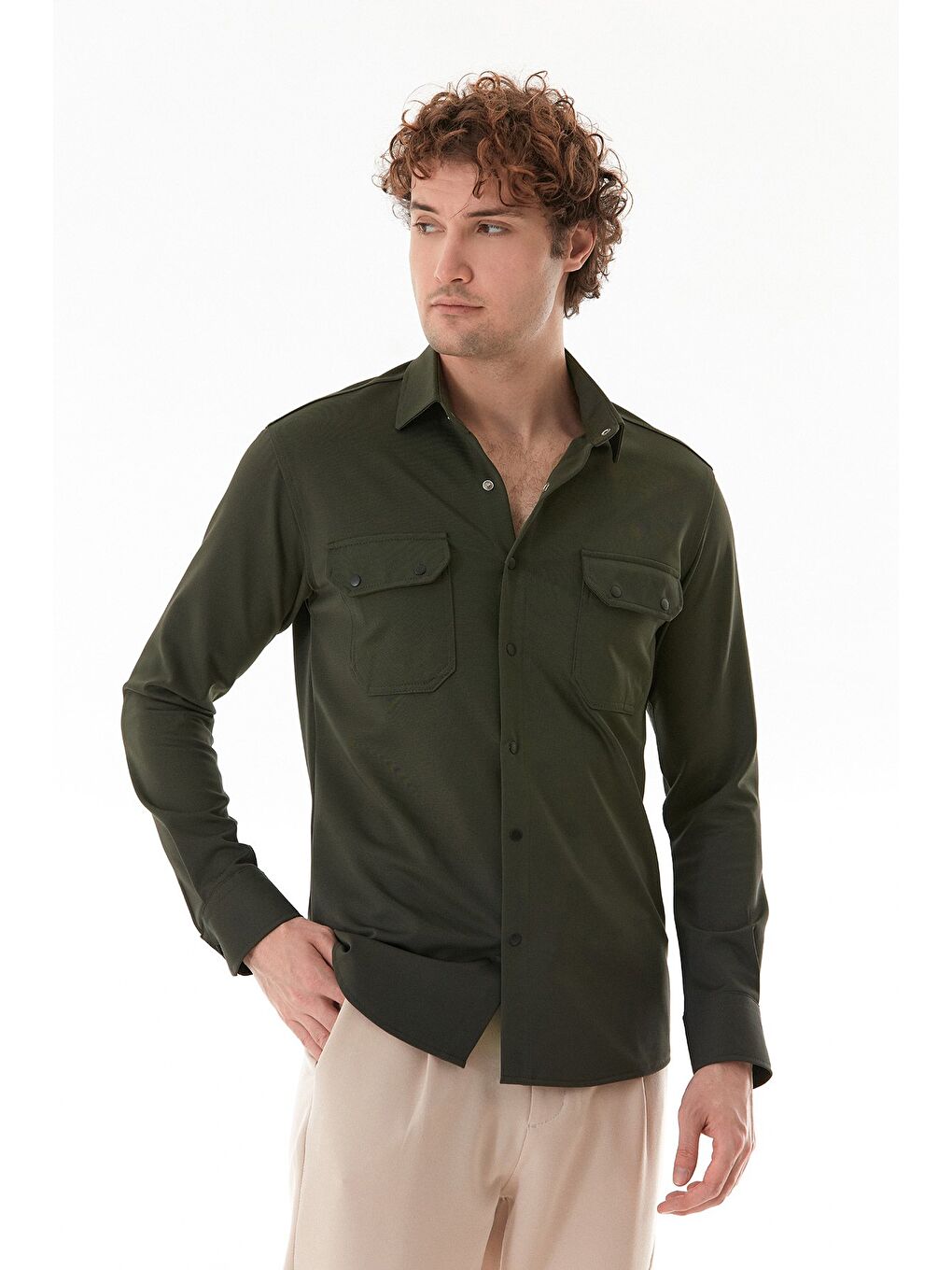 Yeşil Çift Cepli Çıtçıtlı Gömlek