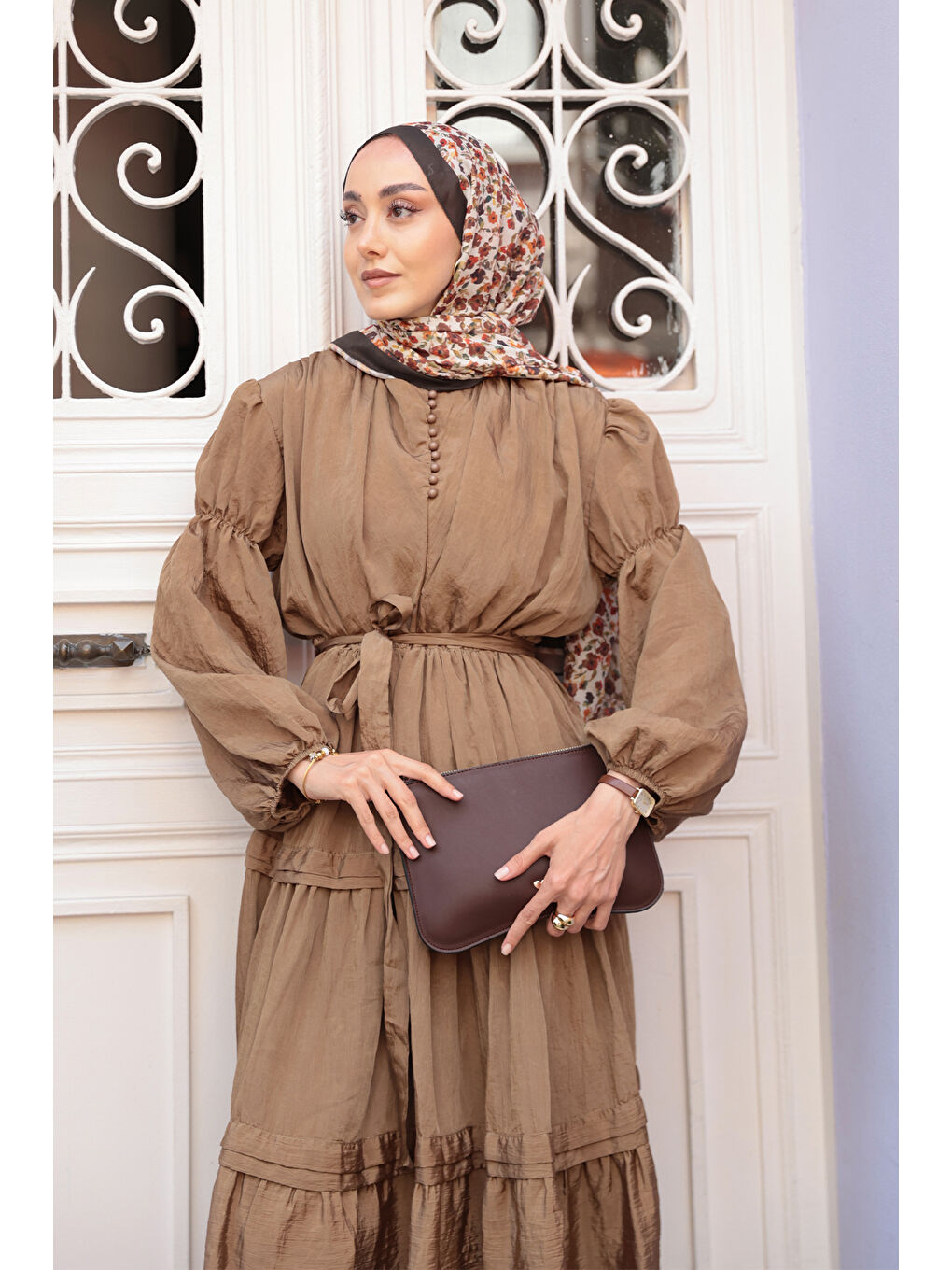 Kadın Kolu Lastik Detaylı Elbise Kahverengi-4