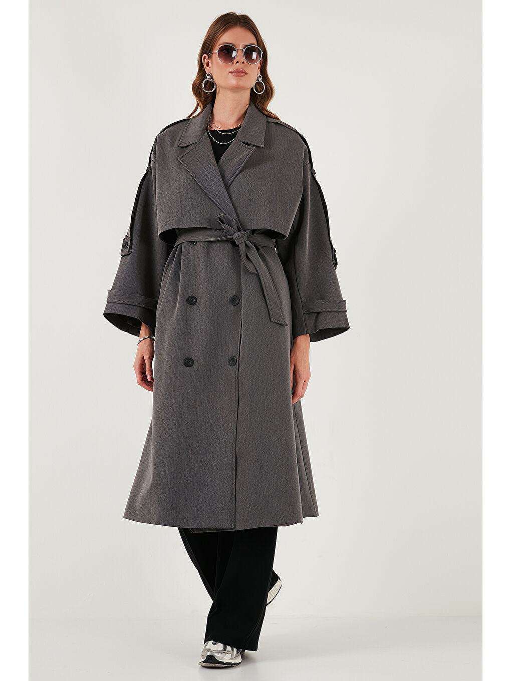 Antrasit Oversize Fit Kruvaze Yaka Düğmeli Kemerli Uzun Trençkot 6839476