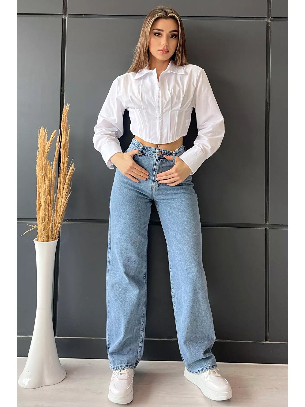 Mavi Kadın Bol Paça Yüksek Bel Jean Pantolon-1