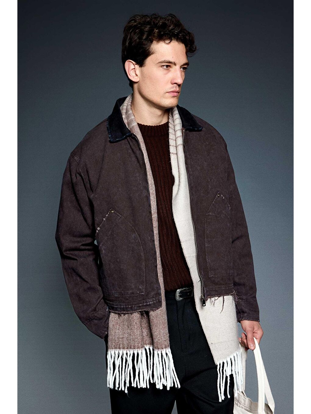 Erkek Kontrast Yaka Yıkamalı Relax Fit Ceket Kahverengi-1