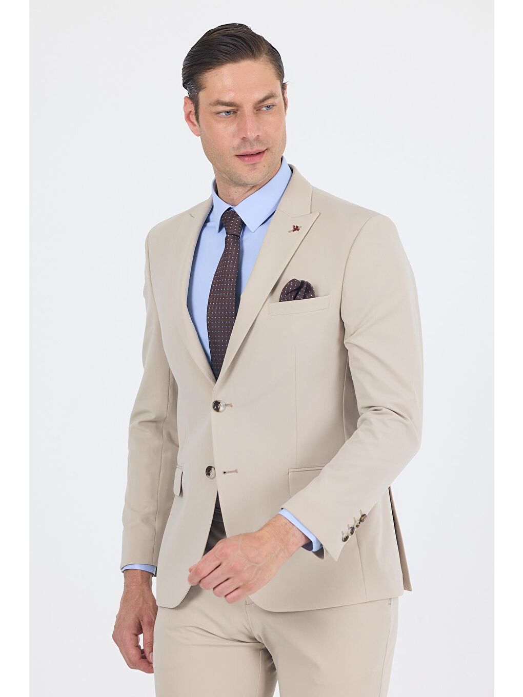 Bej Kırlangıç Yaka Kelebek Astar 6 Drop Slim Fit Beli Lastikli Takım Elbise 1001250176-1