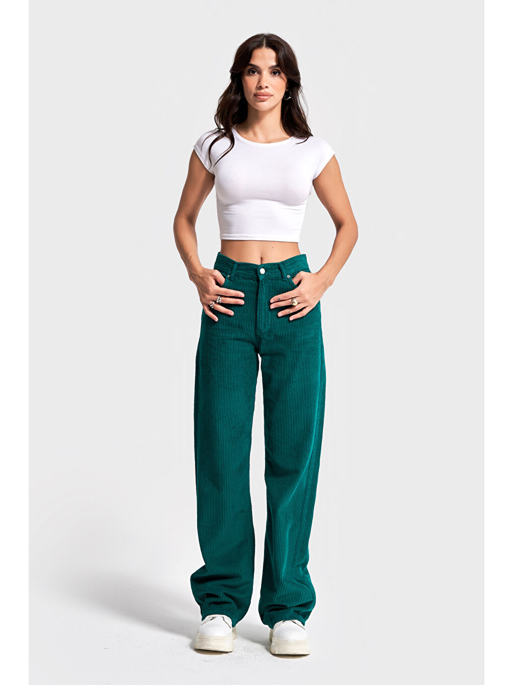 Kadın Petrol Yeşili Doris 29w5-118 Straight Fit Yüksek Bel Kalın Fitilli Velvet Kadife Kumaş Pantolo-4