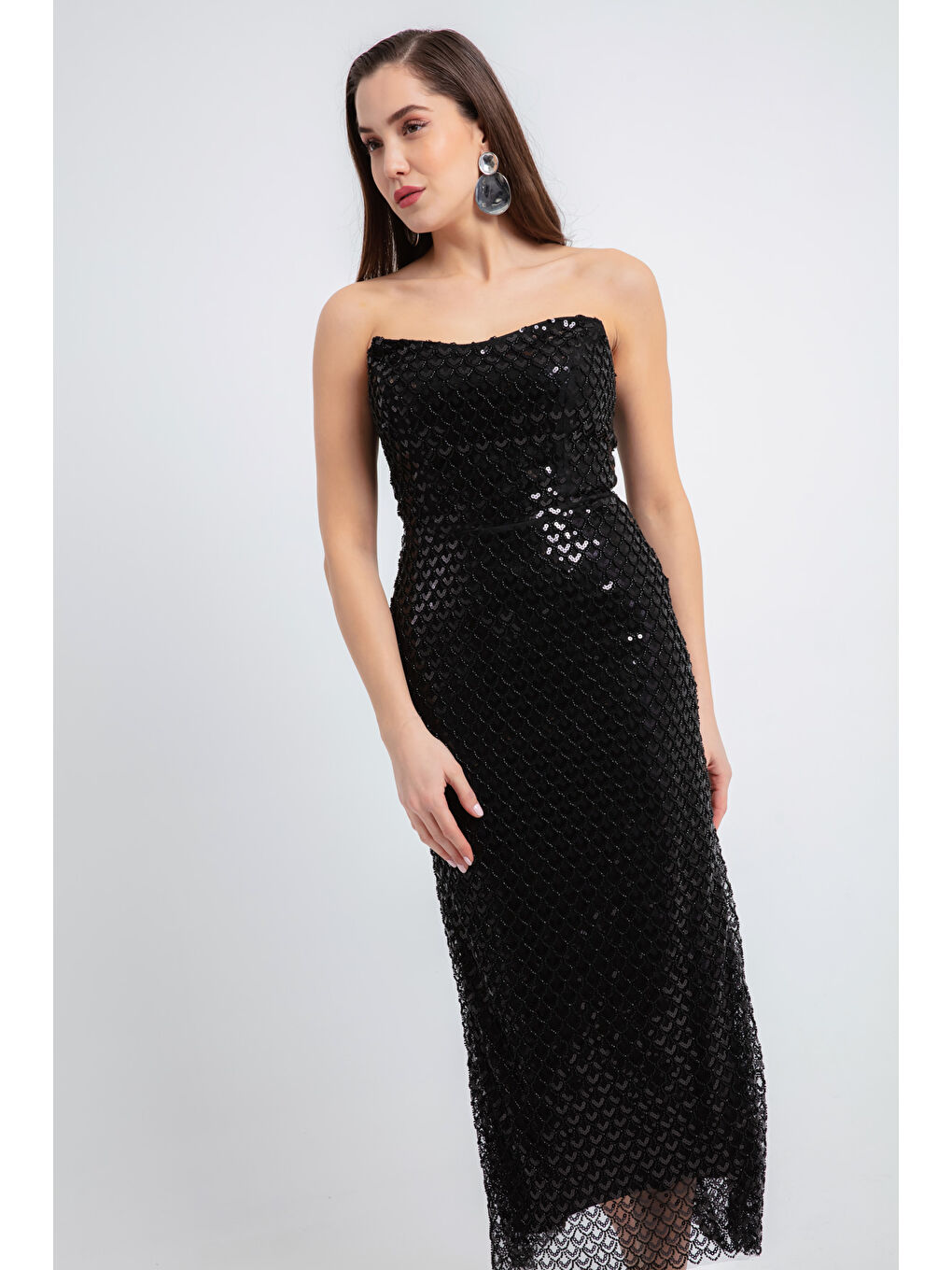 Kadın Siyah Straplez Boncuklu Midi Abiye Elibse-3