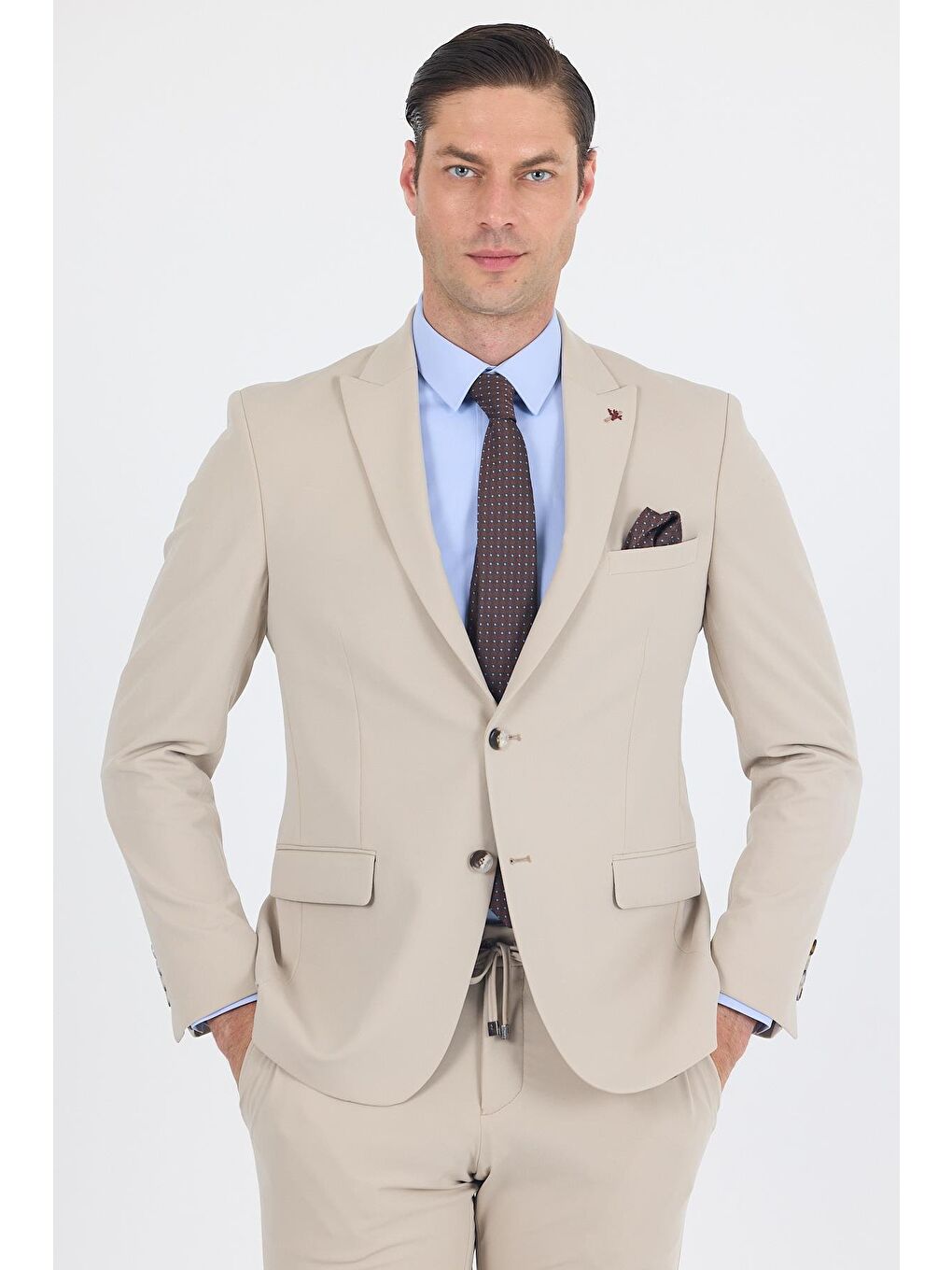 Bej Kırlangıç Yaka Kelebek Astar 6 Drop Slim Fit Beli Lastikli Takım Elbise 1001250176-2