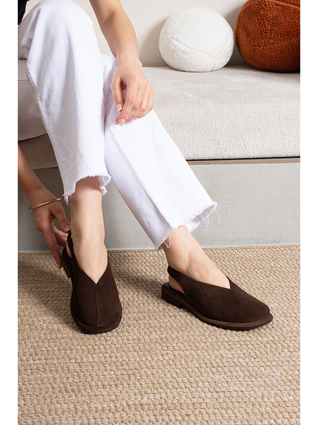 Kahverengi Alonso Kadın Hakiki Deri V Kesim Slingback Babet Sandalet-4