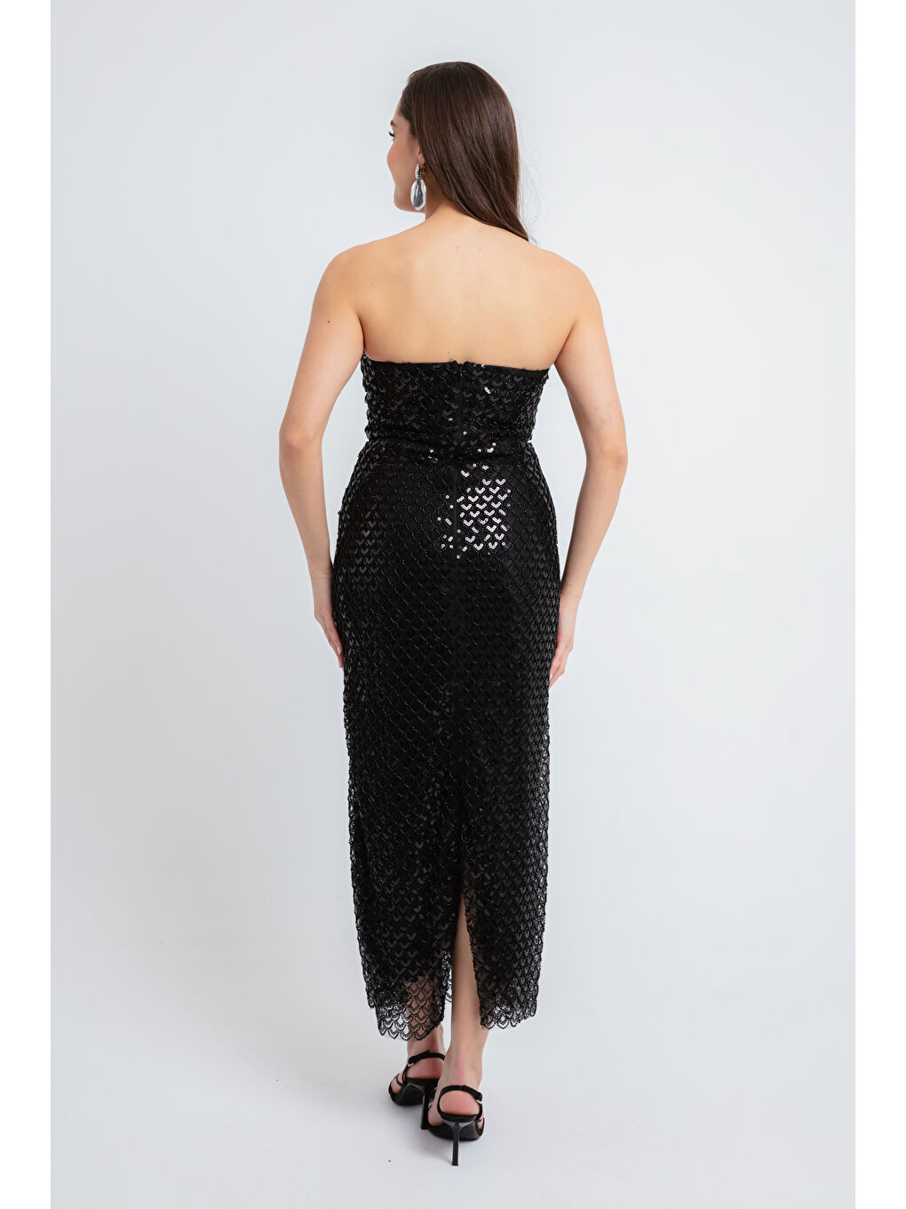 Kadın Siyah Straplez Boncuklu Midi Abiye Elibse-4